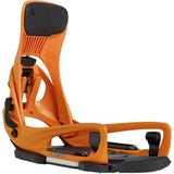 Orange snowboard binding with black accents on a white background