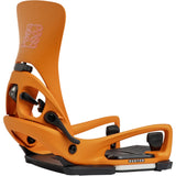 Orange snowboard binding with black hardware on a white background
