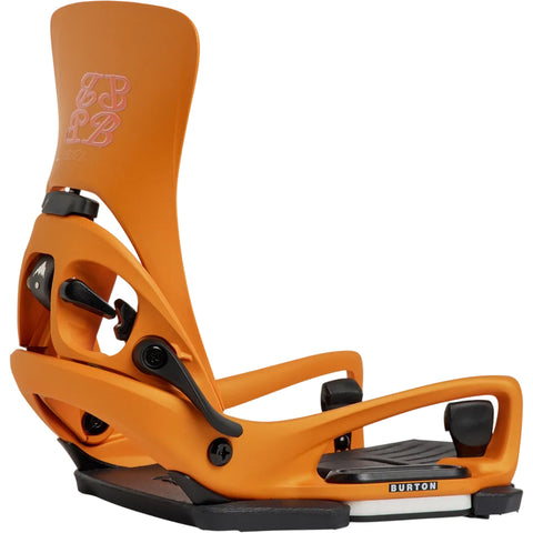 Orange snowboard binding with black hardware on a white background