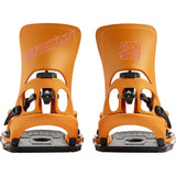 Orange Burton snowboard bindings on a white background