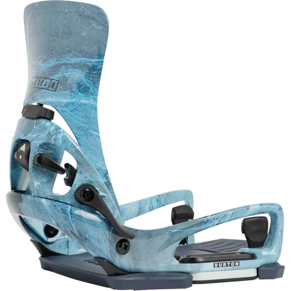 Blue and gray snowboard binding on a white background