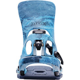 Blue snowboard binding with 'Cartel X' branding on a white background