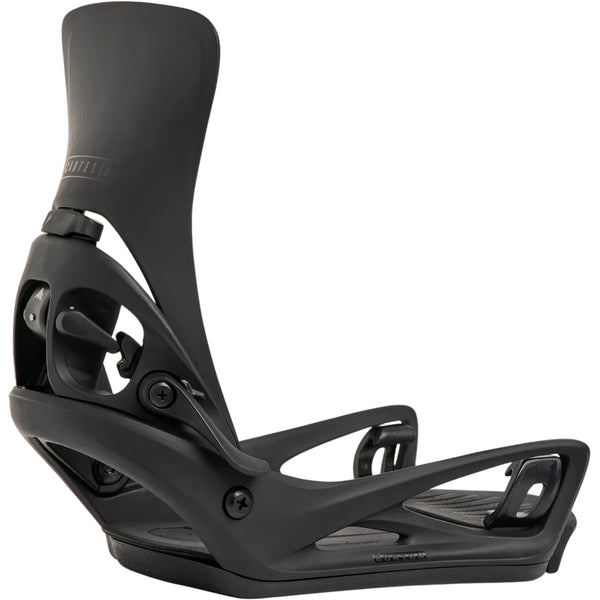 Black snowboard binding on a white background