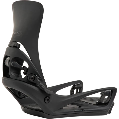 Black snowboard binding on a white background