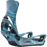 Blue and black snowboard binding on a white background
