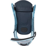 A StepOn snowboard binding shown from the back, featuring a dark navy blue central plate with the StepOn logo, light blue and white marbled side rails, and a black adjustable strap.