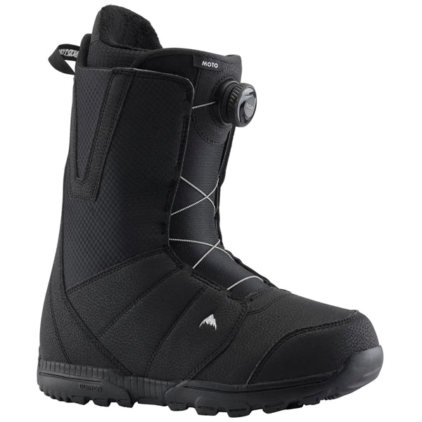 Black snow boot with visible branding on a white background