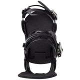 Black snowboard bindings on a white background