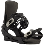 Black snowboard bindings on a white background