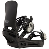 Black snowboard binding on a white background