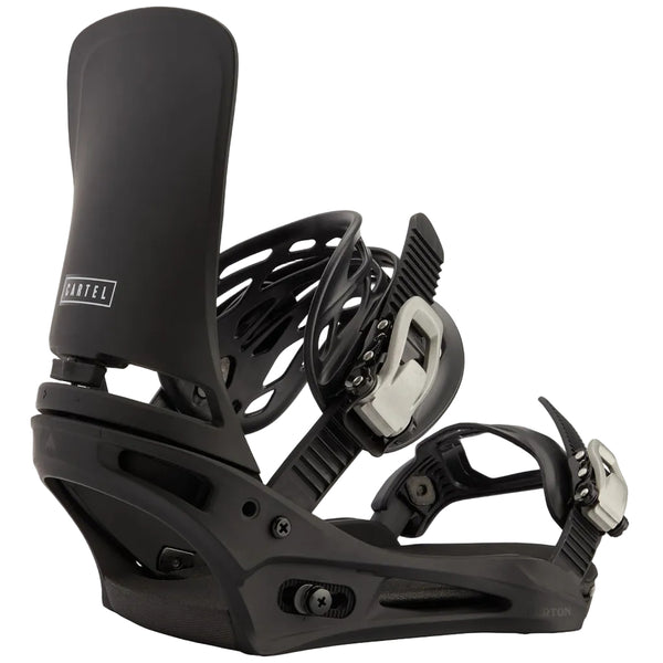 Black snowboard binding on a white background