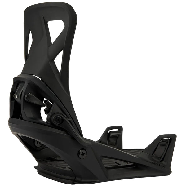 Black snowboard binding on a white background