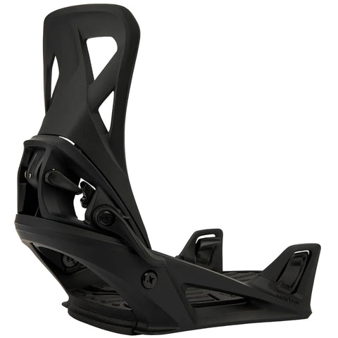 Black snowboard binding on a white background