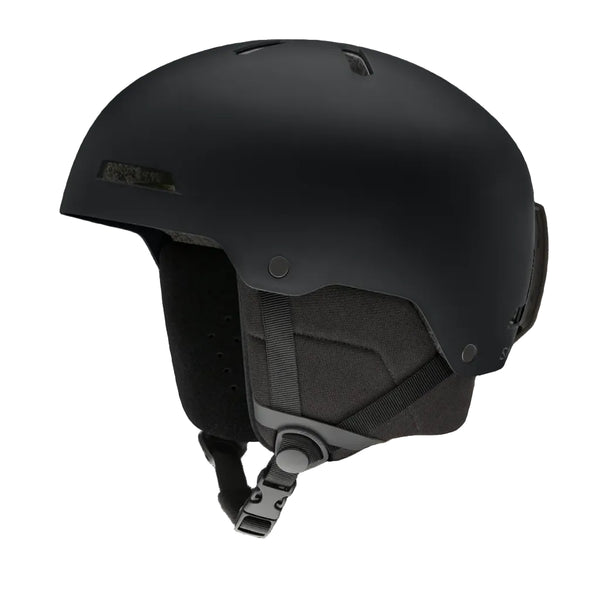 A matte black ski helmet with a dark gray interior padding and adjustable chin strap, shown from a three-quarters angle on a solid white background.