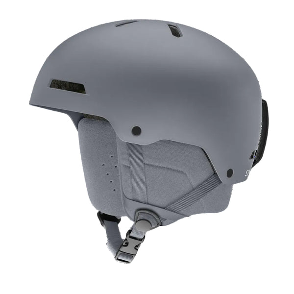 A matte gray ski helmet with a matching gray interior padding and adjustable chin strap, shown from a three-quarters angle on a solid white background.