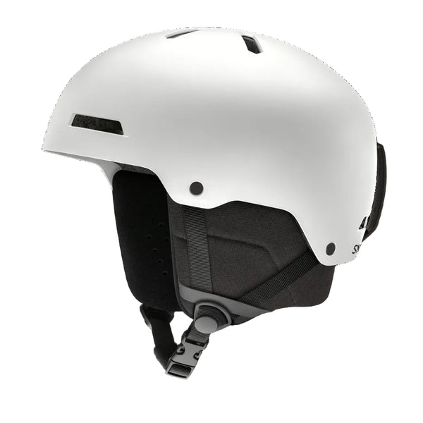 A white ski helmet with black interior padding and straps, shown from a three-quarters angle on a solid white background.