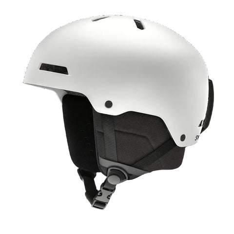 A white ski helmet with black interior padding and straps, shown from a three-quarters angle on a solid white background.