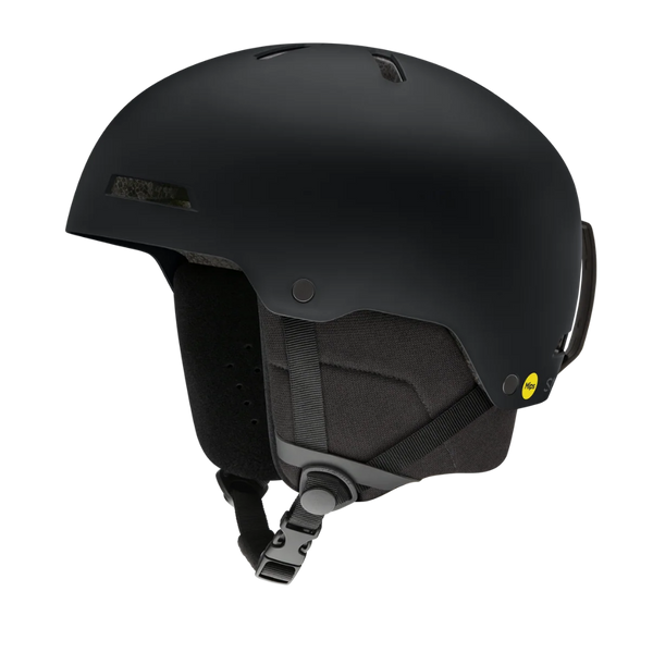 A matte black ski helmet with a dark gray chin strap and a small yellow MTA safety sticker on the side, shown against a solid white background.