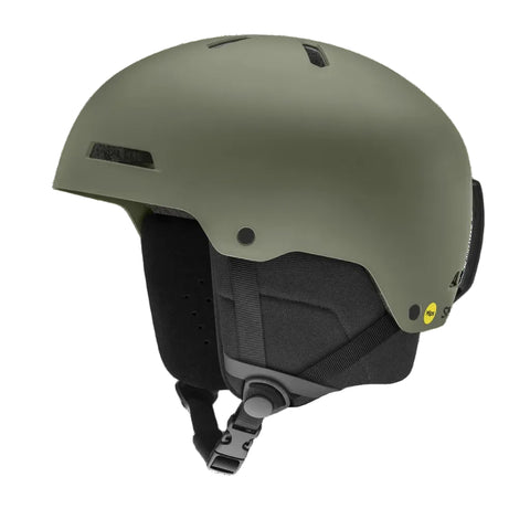 Green helmet with black interior and straps on a white background