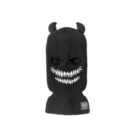 Full face 2 hole knitted balaclava mask.

. Thick 1 x 1 Rib knit beanie.

. 2 eye holes&nbsp;

. Large smile embroidery and two horns on the top of the head