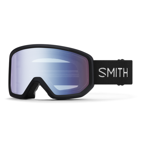 Smith goggles with black frame and blue mirror lens on a white background