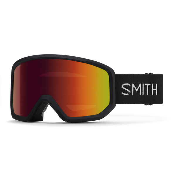 Smith snow goggles with a black frame and strap, featuring a large mirrored lens that transitions from red to orange to yellow, on a clean white background.