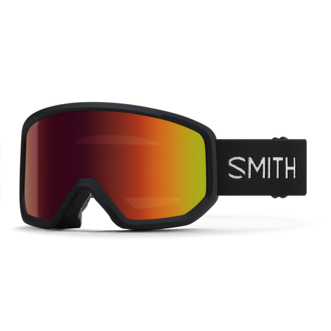 Smith snow goggles with a black frame and strap, featuring a large mirrored lens that transitions from red to orange to yellow, on a clean white background.